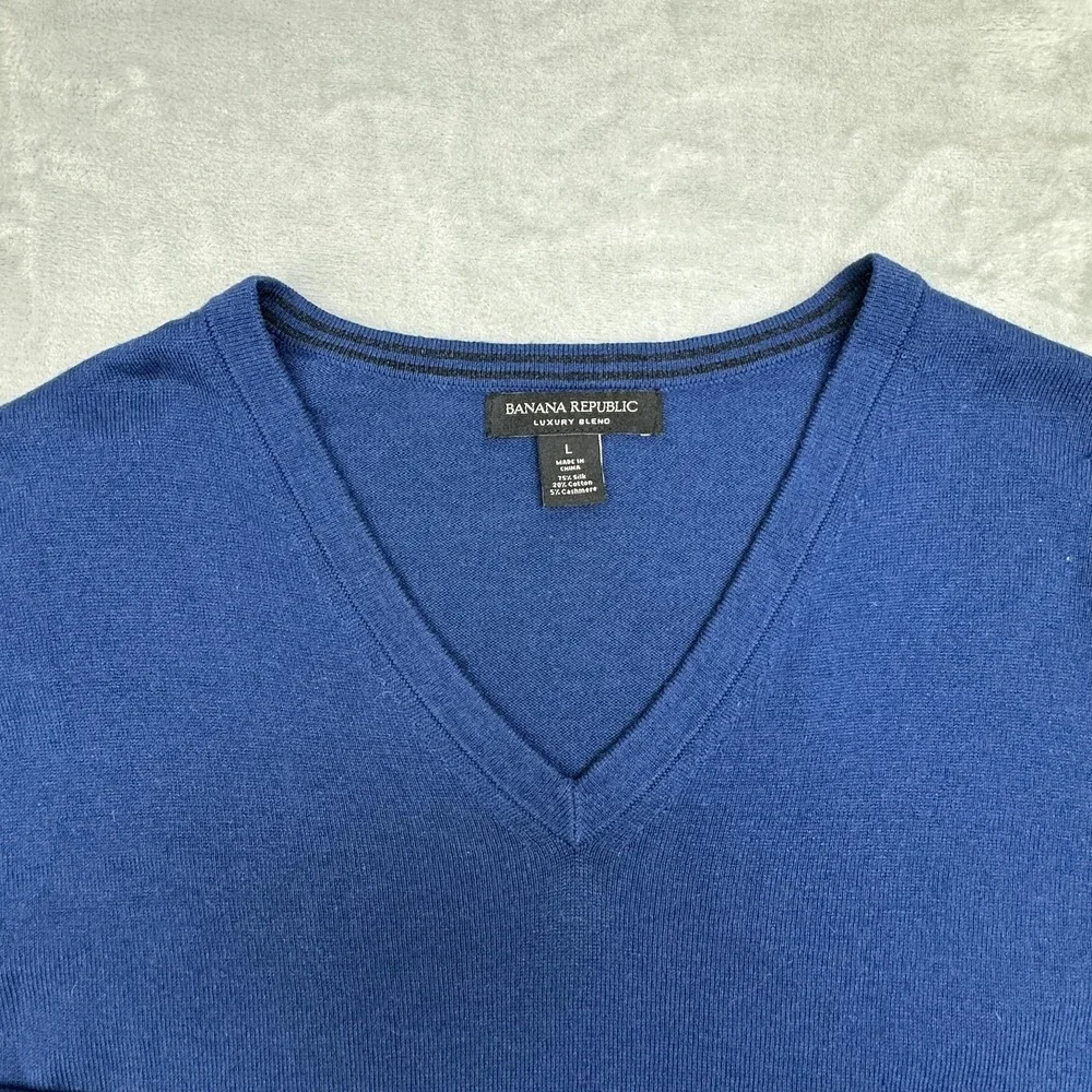 Banana Republic Sweater Mens Large Blue Silk Cotton Cashmere V Neck Pullover
